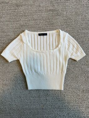 SHEIN Cream Ribbed Square Neck Short Sleeve Crop Top